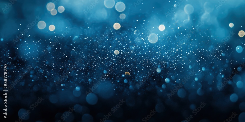 Poster enchanted blue bokeh sparkles floating in dreamy soft abstract background