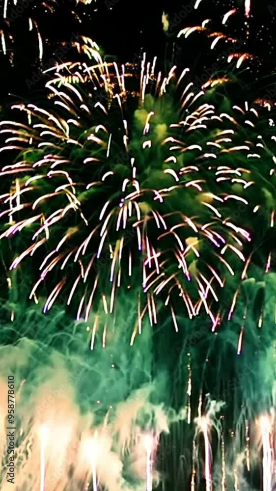 Poster pink and orange fireworks display exploding in the night sky.