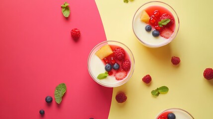 Three glass bowls filled with white panna cotta topped with fruit, on a pink and yellow background.