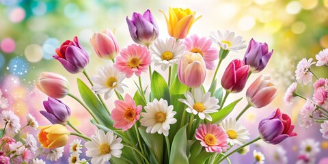 Vibrant pastel-colored flowers, including cherry blossoms, daisies, and tulips, arranged in a whimsical bouquet,