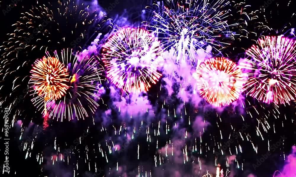 Poster multiple fireworks exploding in the night sky with trails of smoke creating a colorful display.