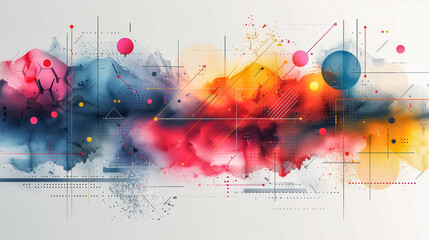Abstract Geometric Composition with Colorful Watercolor Elements
