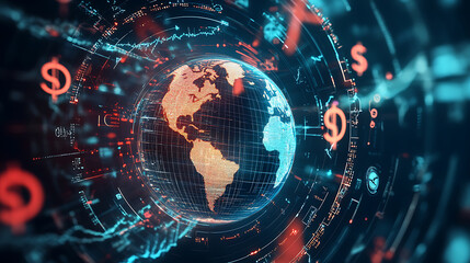Global financial network with digital currency symbols
