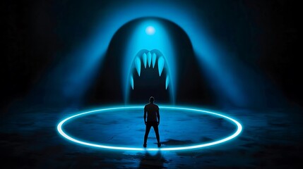 Naklejka premium Crippling social anxiety a person stands in the center of a spotlight their face anxious and eyes wide as shadows representing judgment loom around them the light isolates them making them feel 