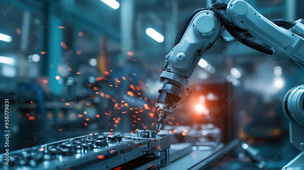 Aufkleber a robotic arm precisely assembles machine components on an industrial production line. sparks fly as