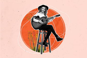 Poster template collage of guitarist girl playing guitar country music on pastel color background