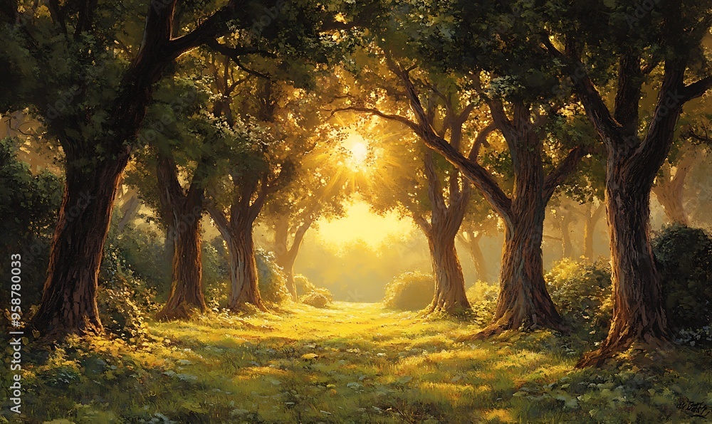 Poster sunbeams illuminating a path through a forest