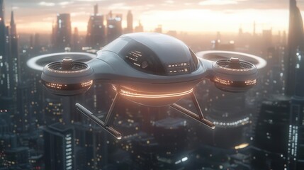 Futuristic drone flying over a sprawling cityscape at sunset, showcasing advanced technology and urban design.