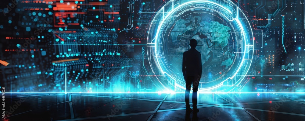 Poster silhouette of a person standing in a futuristic setting with a digital globe, signifying technology 