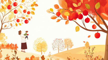 Mother holding a child amidst colorful autumn scenery with apple trees and a warm seasonal atmosphere