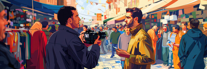 Naklejka premium Capturing Reality: A documentary filmmaker, holding a small camera, interviews a subject in a crowded marketplace.