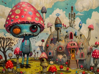 A blue creature with a mushroom hat stands in front of a mushroom house.