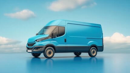 A vibrant blue delivery van standing against a clear sky, perfect for logistics and transportation themes.