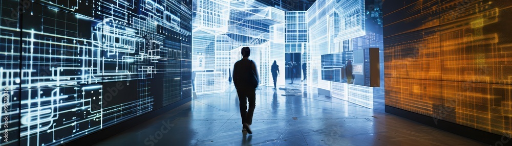 Poster silhouette of person walking through a digital data tunnel with futuristic screens. concept of techn