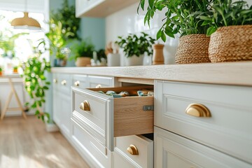 Open Kitchen Cabinet Drawer with Gold Handles and Wooden Interior