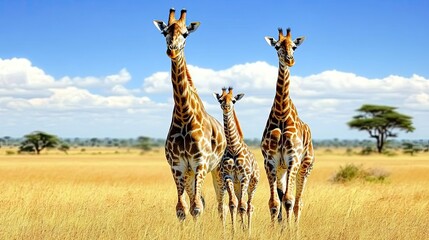 Fototapeta premium Two adult giraffes and a calf stroll together across the savannah, enjoying the warmth of the sun against a backdrop of a vibrant blue sky filled with clouds