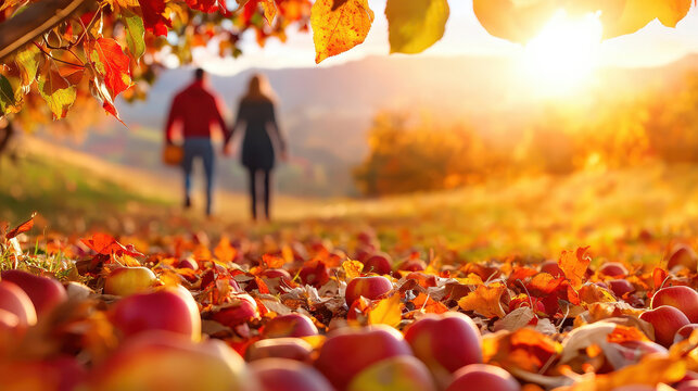 Couple holding hands walking through an apple orchard with fallen leaves and apples on the ground during sunset