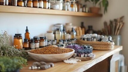 A peaceful wellness space filled with homeopathic remedies, energy healing tools, and herbal medicine, representing the connection between holistic health and the natural healing process. 