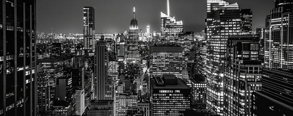 Stunning black and white cityscape of a vibrant city illuminated at night, showcasing architectural marvels and urban lights.