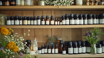 A serene space where homeopathic remedies and herbal medicine are neatly arranged on a wooden shelf, highlighting the natural healing elements and wellness lifestyle associated with alternative 