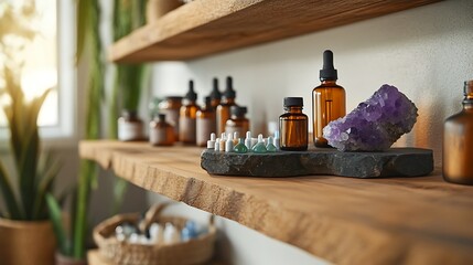 A tranquil scene of a wellness clinic with homeopathic remedies, energy healing crystals, and organic treatments neatly arranged on wooden shelves, creating a calming atmosphere for holistic 