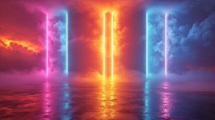 abstract minimalist backgroun neon vertical lines an glowing colorful clou stormy cumulus futuristic wallpaper