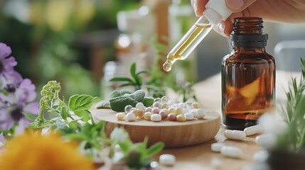 A wellness consultation scene where a practitioner discusses alternative therapy using homeopathic pills, natural supplements, and essential oils, with a focus on holistic treatment for the 
