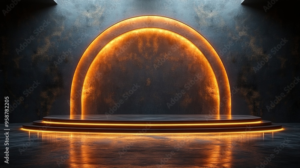 Wall mural abstract minimalist backgroun of golden rounde arch steps an empty stage for product presentation tr