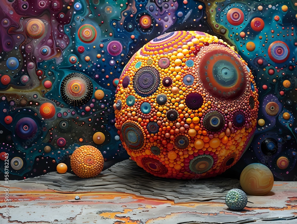 Poster mesmerizing abstract sphere adorned with vibrant circular patterns in various colors stands against 