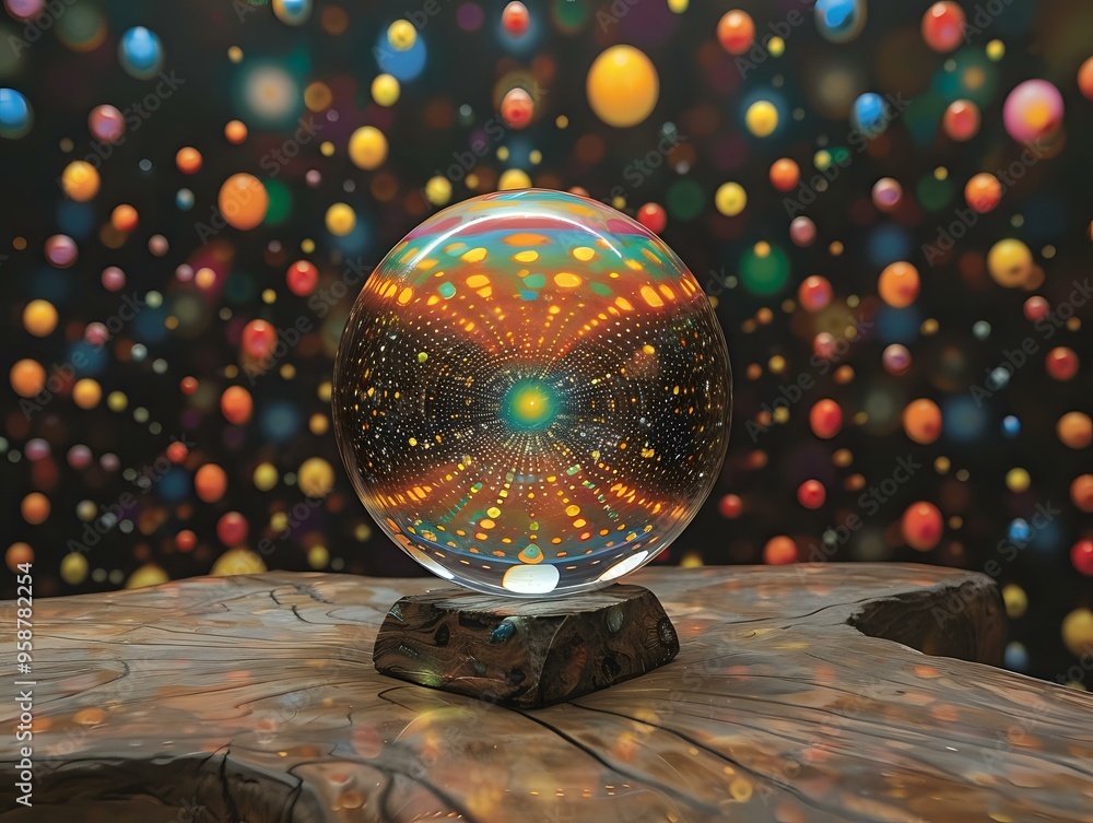 Poster a mesmerizing glass sphere reflecting vibrant, multicolored dots in an infinite pattern. set on a wo