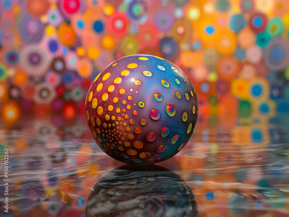 Poster a vibrant, abstract scene featuring a large spherical object covered in colorful circular patterns. 