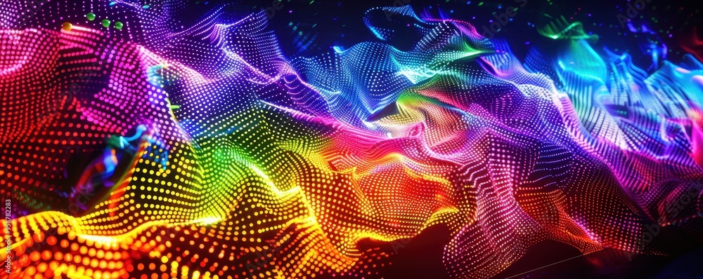 Poster vibrant abstract digital wave patterns with vivid colors and dynamic light effects, perfect for back