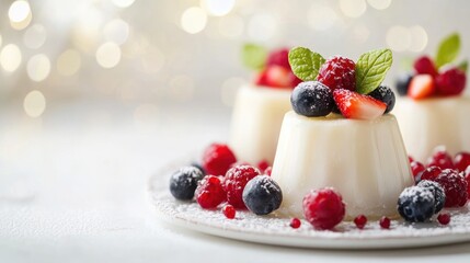 Three white panna cotta desserts topped with fresh raspberries, strawberries, and blueberries on a white plate with powdered sugar sprinkled on the plate and blurred bokeh lights in the background.