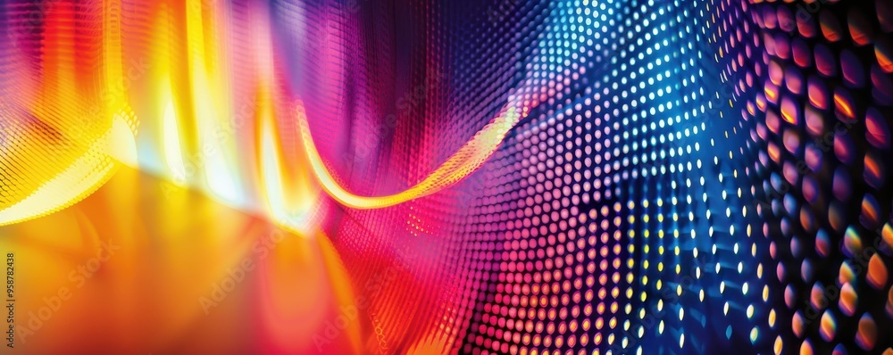 Poster vibrant abstract digital wave with multicolored light effects and dotted pattern. ideal for creative