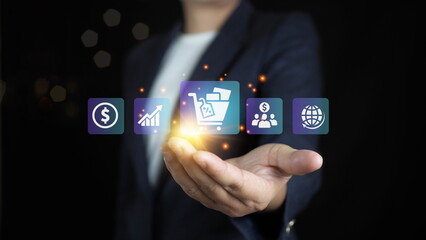 Human hold digital online marketing commerce sale,digital search engine, SEO, social media, ads, E-commerce website advertising, promotion of products, digital marketing strategy and goals.