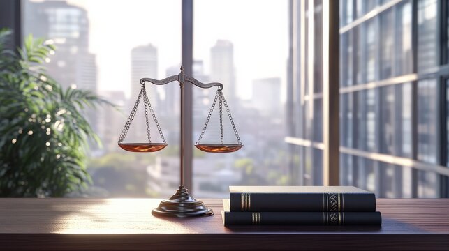 A detailed view of the scales of justice resting next to a modern law book on a wooden table in a contemporary office. The background features a city skyline