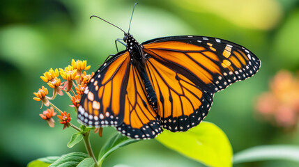 Obraz premium Close-Up of a Vibrant Monarch Butterfly Perched on Blossoming Flowers in a Lush Garden