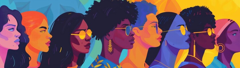 Vibrant pop art illustration of diverse women in stylish sunglasses, showcasing their cultural beauty and solidarity.