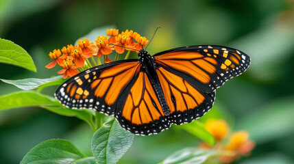 Fototapeta premium Majestic Monarch Butterfly on Vibrant Orange Flowers in a Lush Green Garden