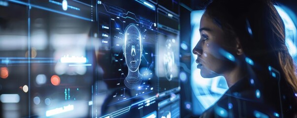 Fototapeta premium Woman analyzing digital biometric data on futuristic technology screen in high-tech environment.