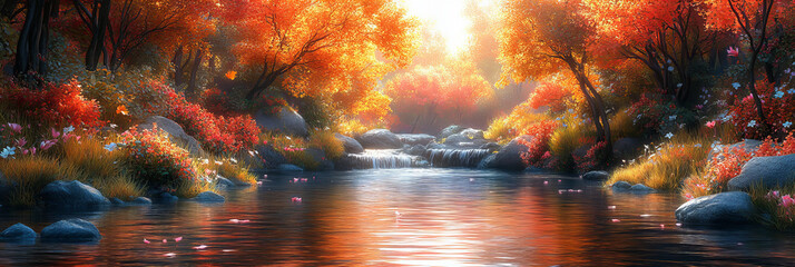 Autumn forest with vibrant foliage and tranquil river in a picturesque, serene, and magical mood