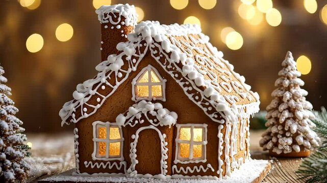 Gingerbread house standing on wooden table with christmas lights glowing in background