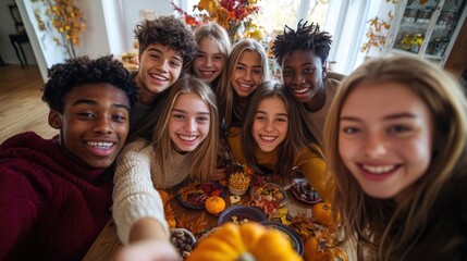 A group of teenagers of various ethnicities posing for a Thanksgiving selfie around a table filled with colorful dishes and autumn decorations