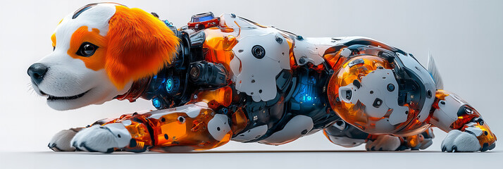 Robotic Dog in Futuristic Armor, High-Tech CGI, White and Orange, Clean Laboratory Background, Curious and Modern Mood