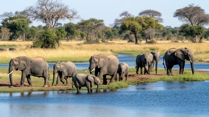 Obraz premium Elephants walk through a river in the African savanna, with adults guiding a baby elephant near a waterhole on a bright, sunny day