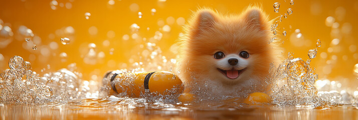 Cheerful Pomeranian Dog Swimming with Toy, Cute Cartoon Style, Bright Orange, Water Splash Background, Happy and Playful Mood