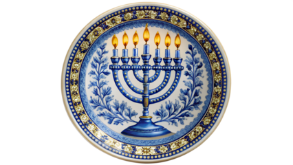 Traditional menorah displayed on decorative plate transparent