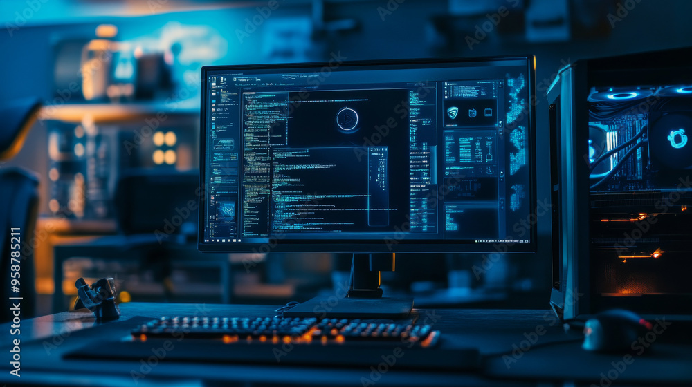Poster a sleek, powerful desktop computer sits in a dark room. its gaming case is empty, except for a keybo
