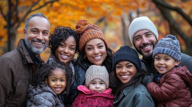 Thanksgiving family portrait session in a park, with families of different cultural backgrounds posing among autumn foliage