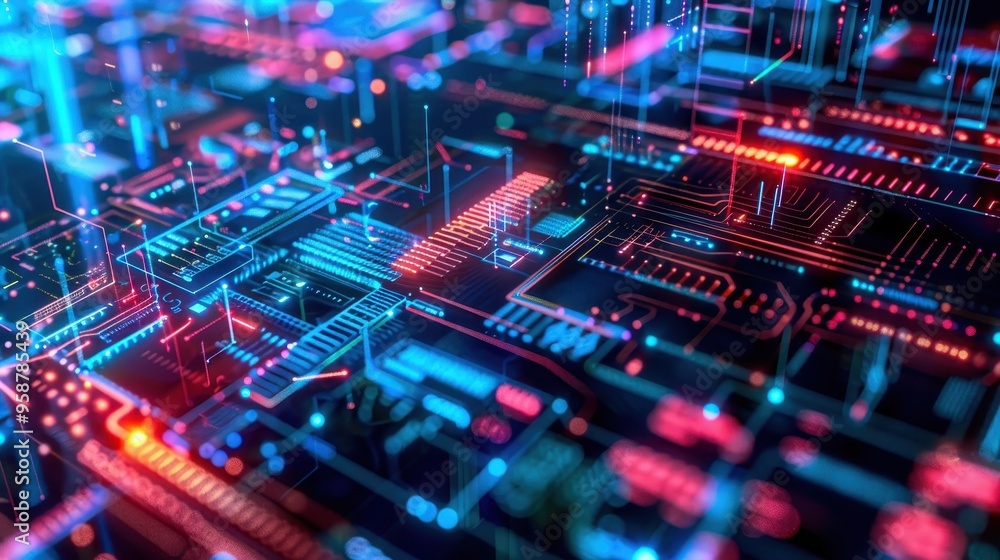 Poster abstract digital technology background with glowing circuit board patterns in blue and red, represen